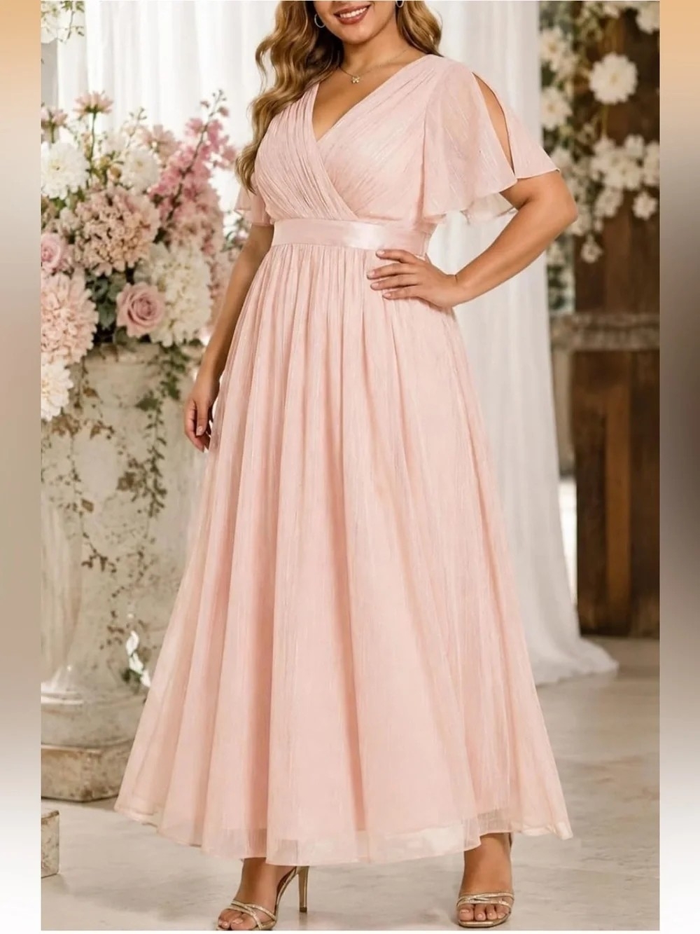 Blush Pink V-Neck Maxi Dress with Satin Waist